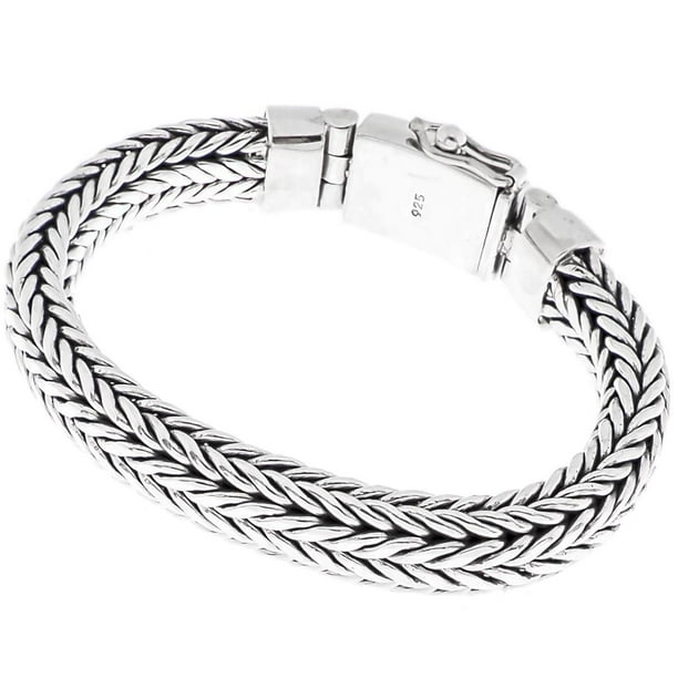 Men's Real 925 Sterling Silver Cuff Bracelet Braided Hemp Rope Jewelry